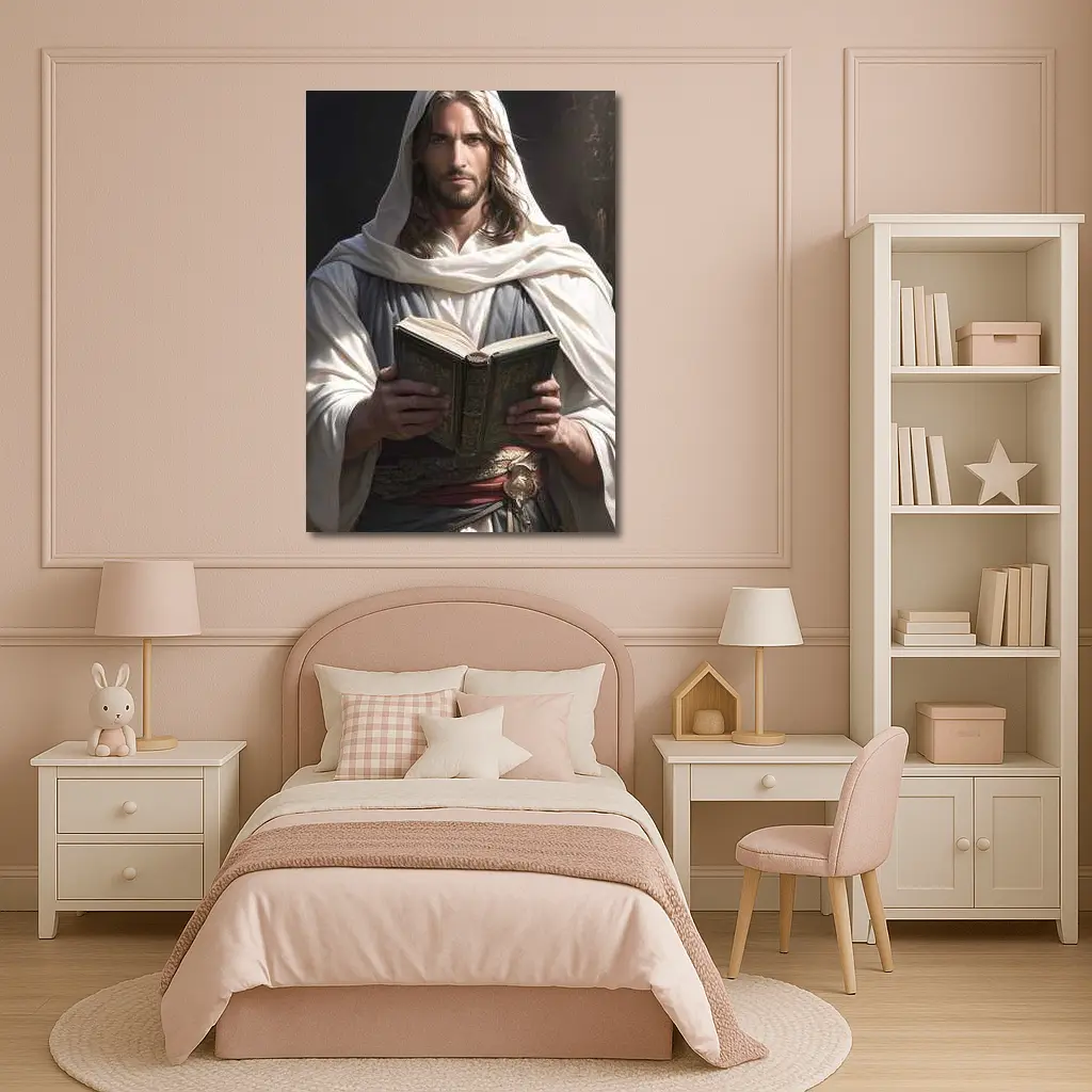 Jesus Christ Reading Holy Book Dark Background – Wall Art