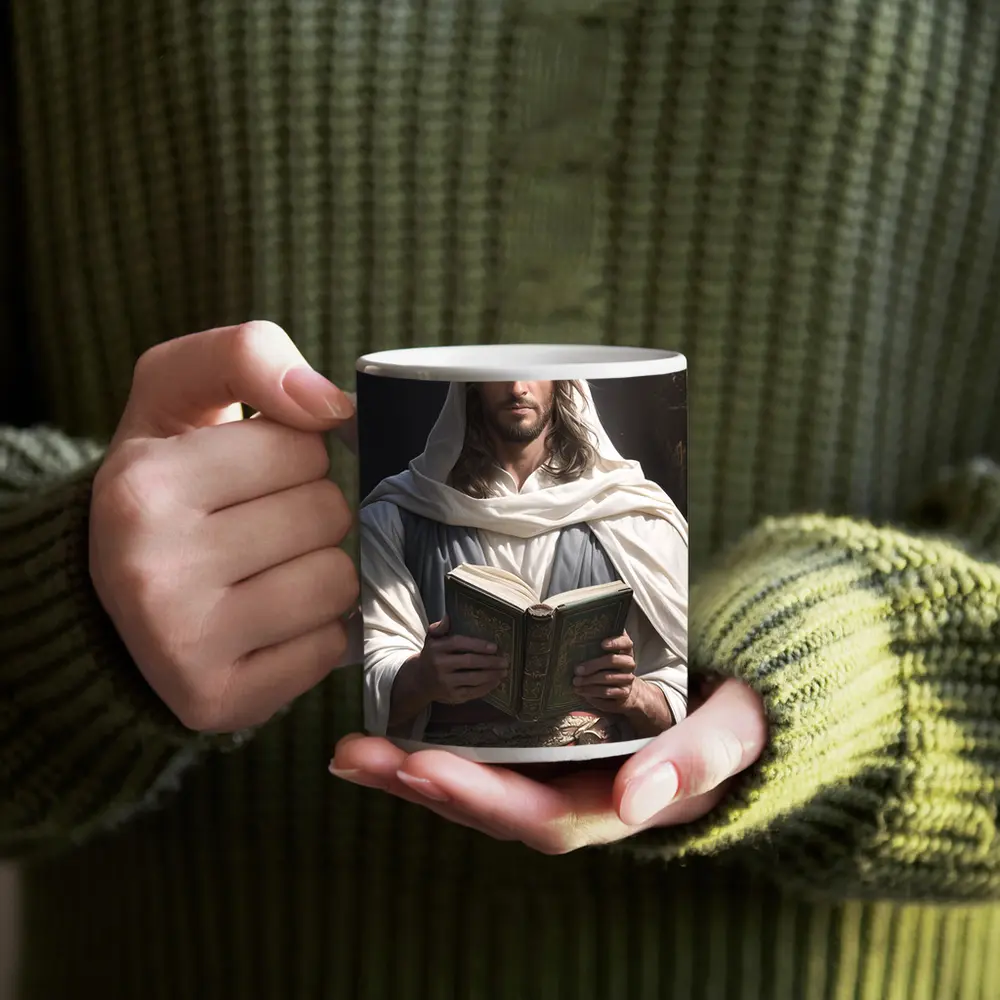 Jesus Christ Reading Holy Book Dark Background – Mugs