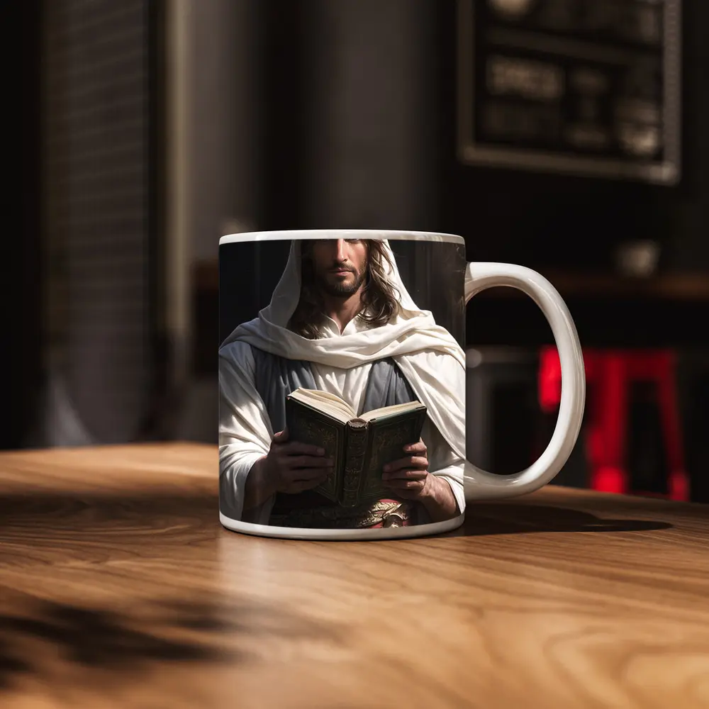 Jesus Christ Reading Holy Book Dark Background – Mugs