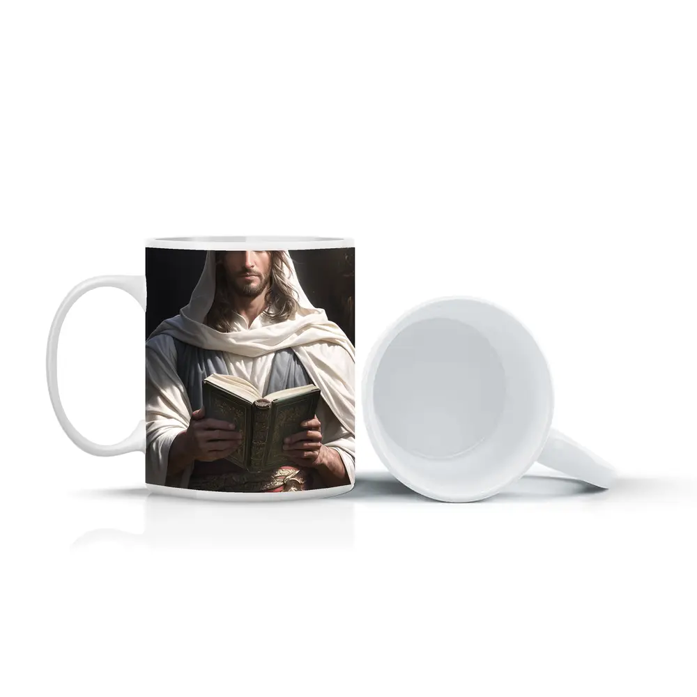 Jesus Christ Reading Holy Book Dark Background – Mugs