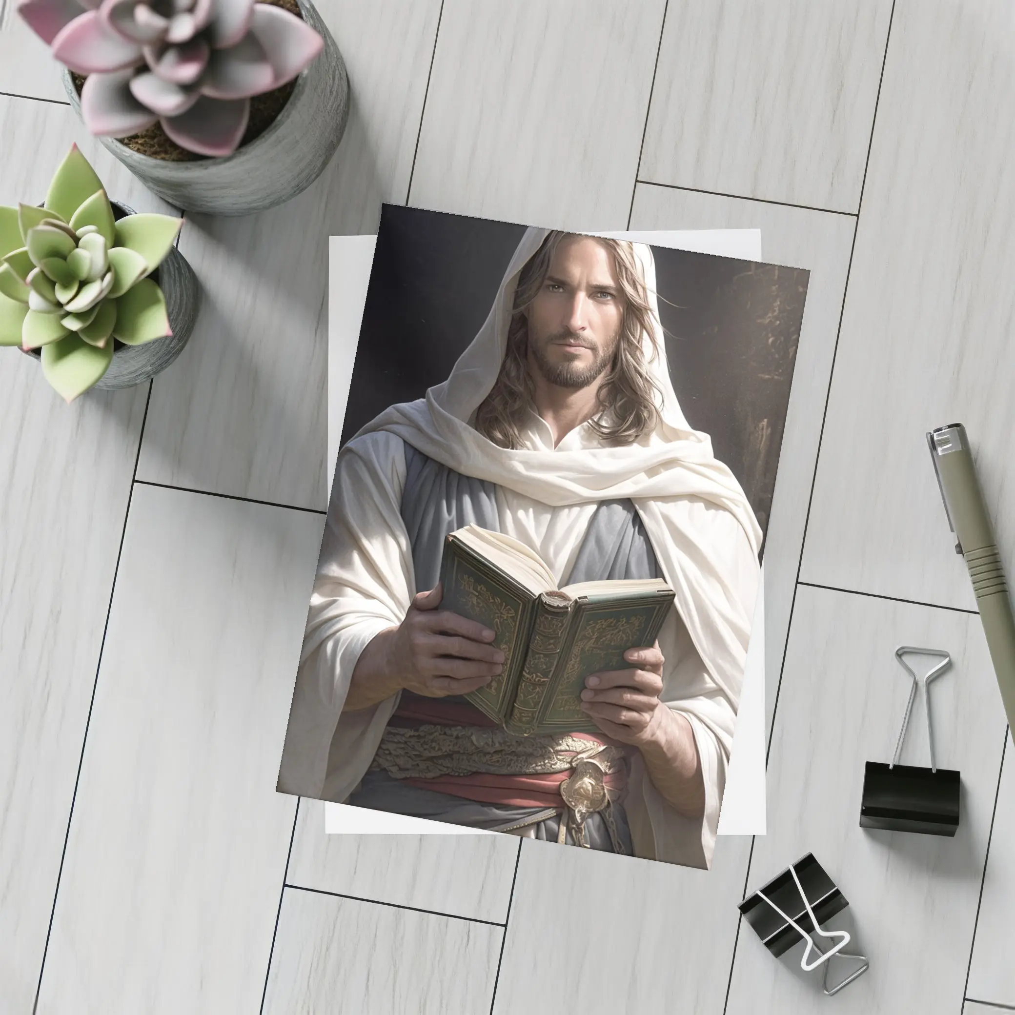 Jesus Christ Reading Holy Book Dark Background – Postcards