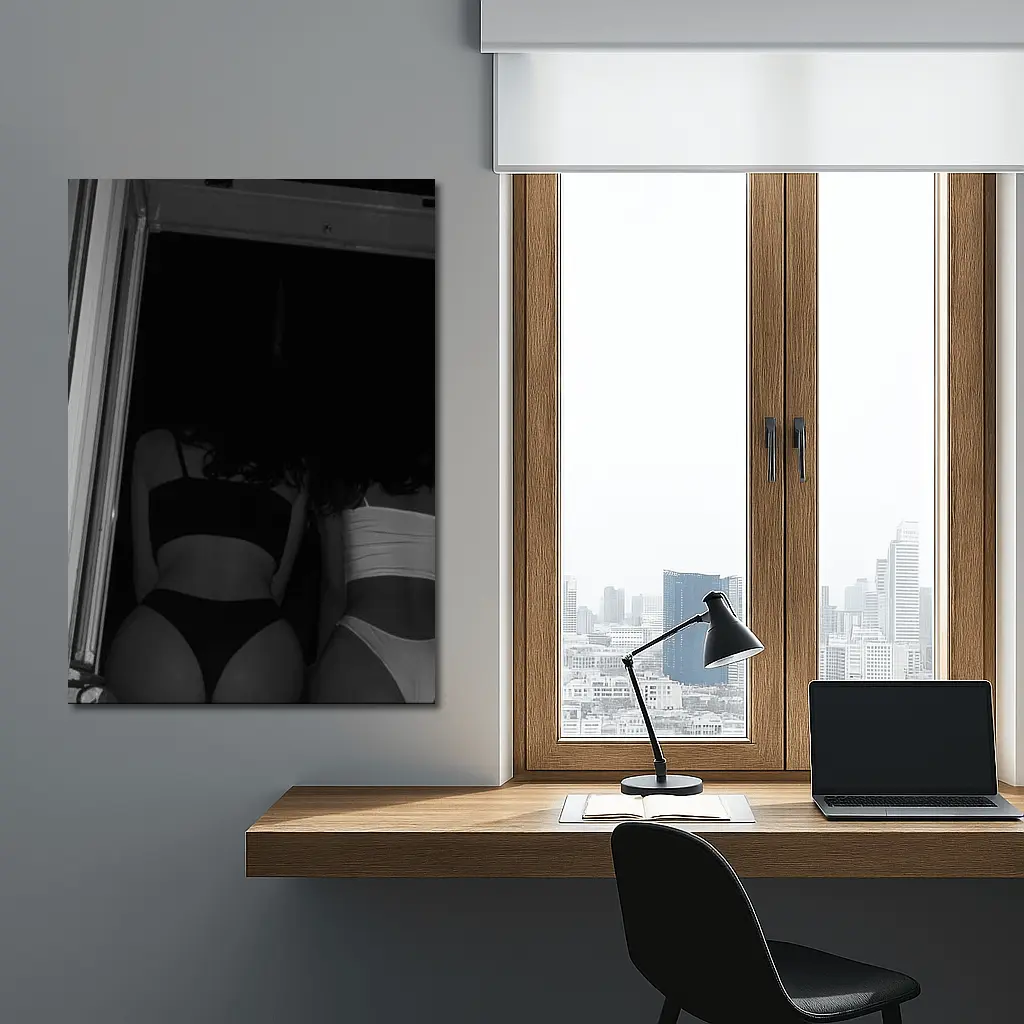 Two Women Black and White Doorway Photo – Wall Art