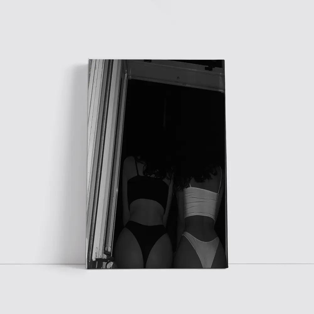 Two Women Black and White Doorway Photo – Wall Art