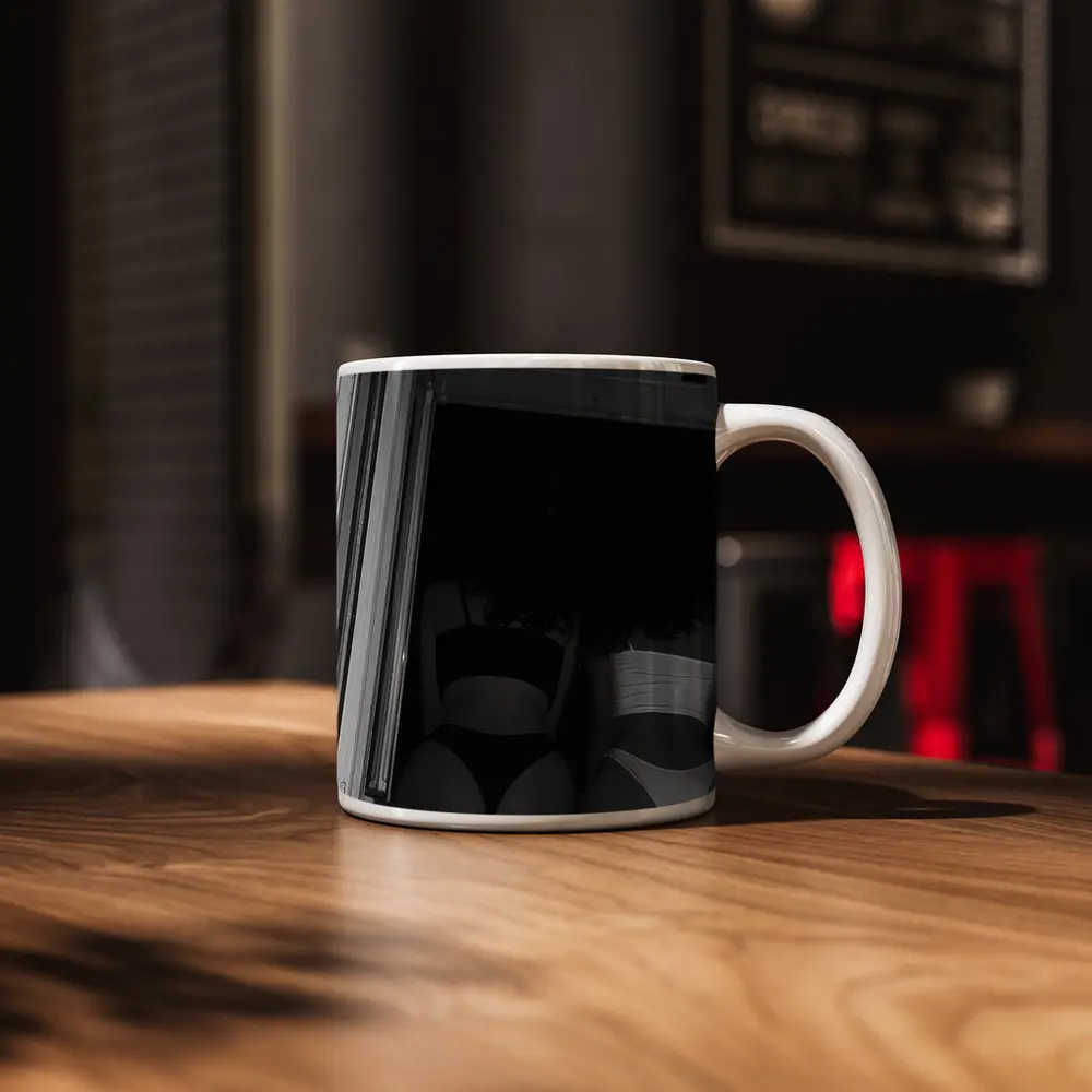 Two Women Black and White Doorway Photo – Mugs