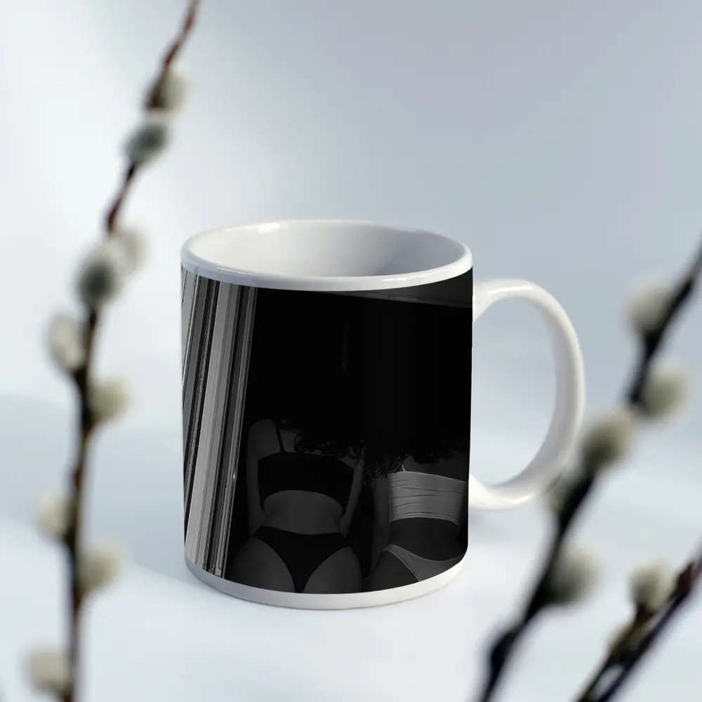 Two Women Black and White Doorway Photo – Mugs