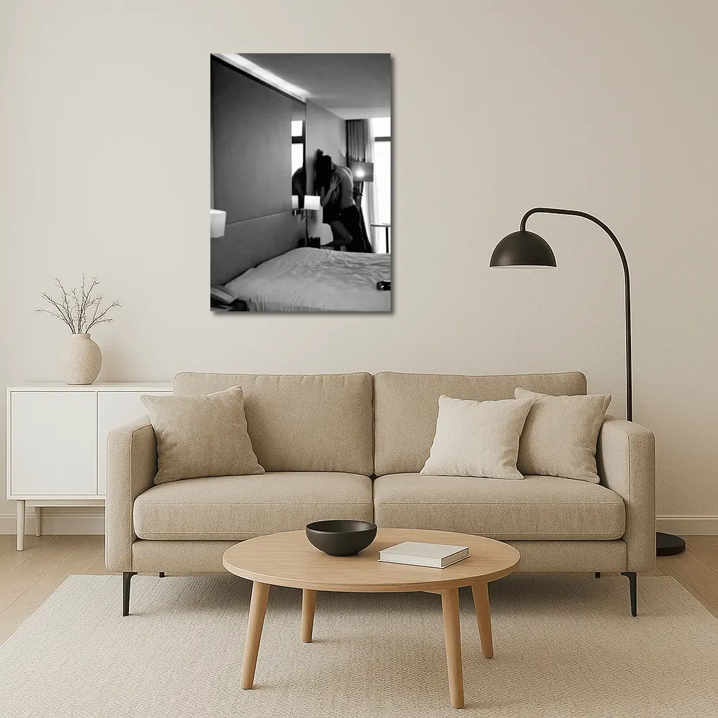 Couple Kissing Black White Hotel Room – Wall Art