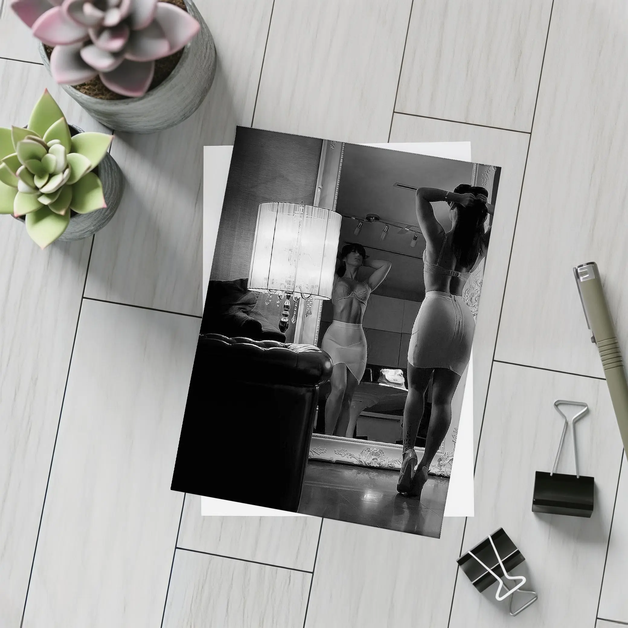 Woman Mirror Reflection Black White Boudoir – Postcards