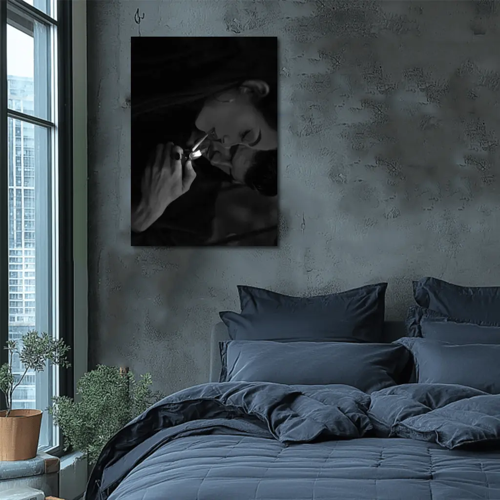 Woman Lighting Cigarette Black White Portrait – Wall Art
