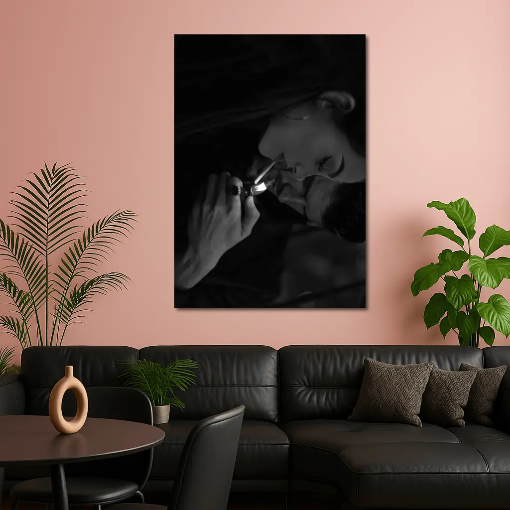 Woman Lighting Cigarette Black White Portrait – Wall Art