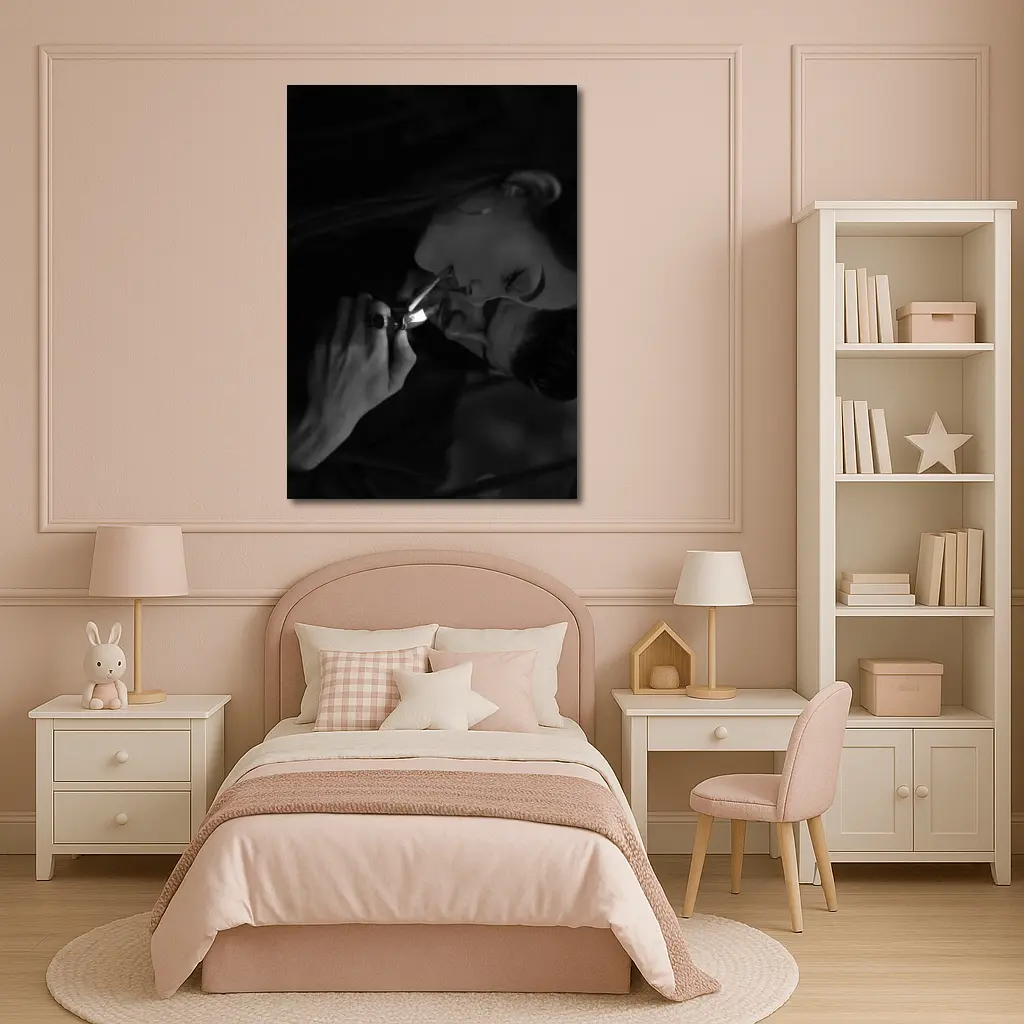 Woman Lighting Cigarette Black White Portrait – Wall Art