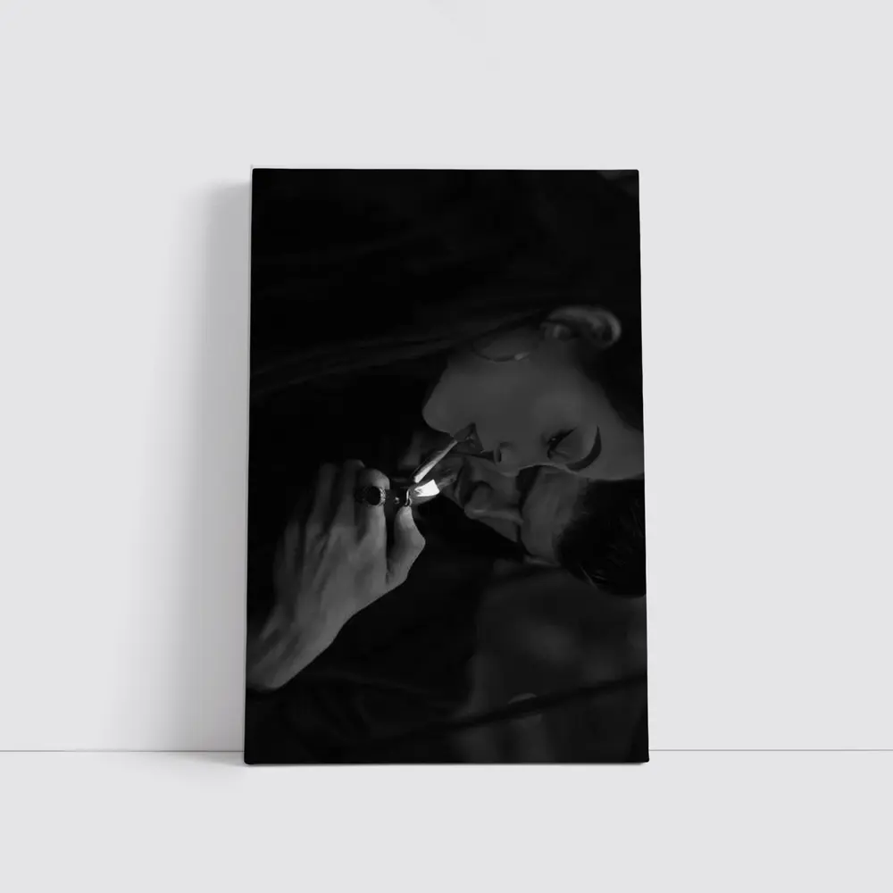 Woman Lighting Cigarette Black White Portrait – Wall Art