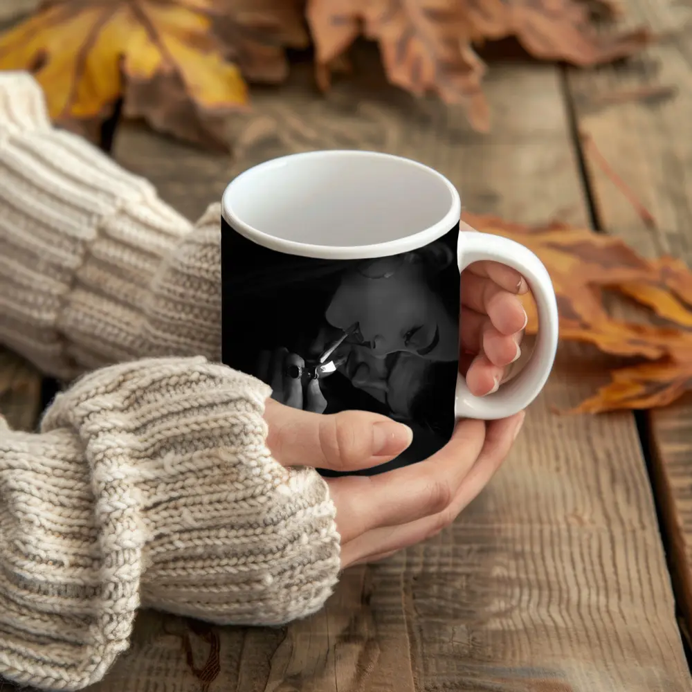 Woman Lighting Cigarette Black White Portrait – Mugs