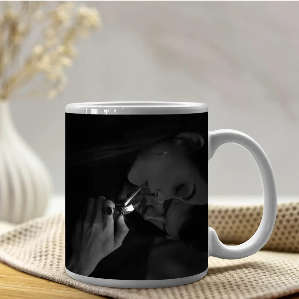Woman Lighting Cigarette Black White Portrait – Mugs