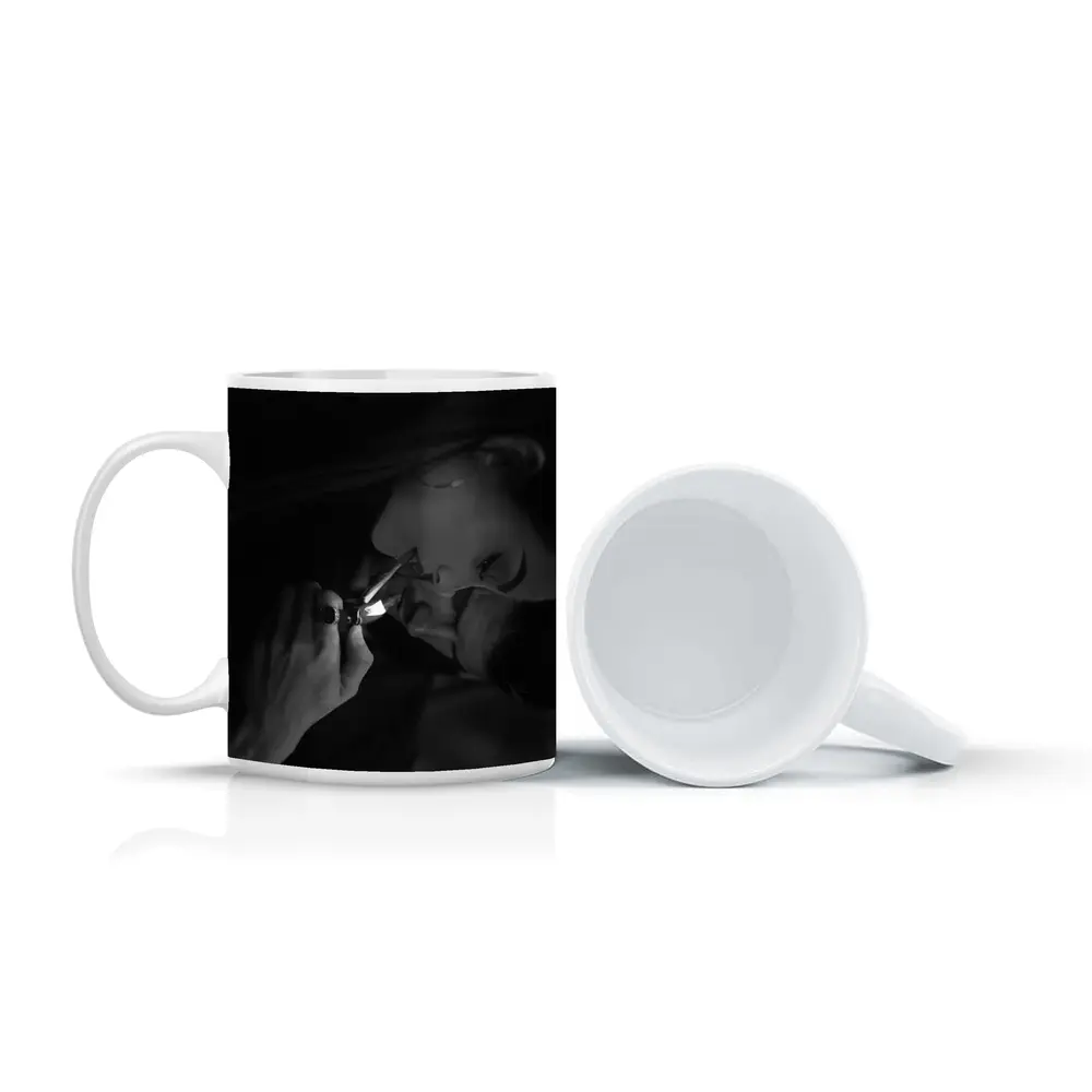 Woman Lighting Cigarette Black White Portrait – Mugs