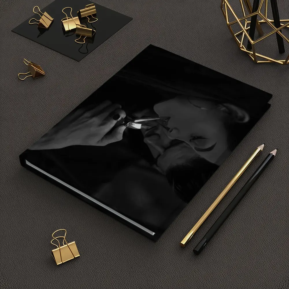 Woman Lighting Cigarette Black White Portrait – Notebooks