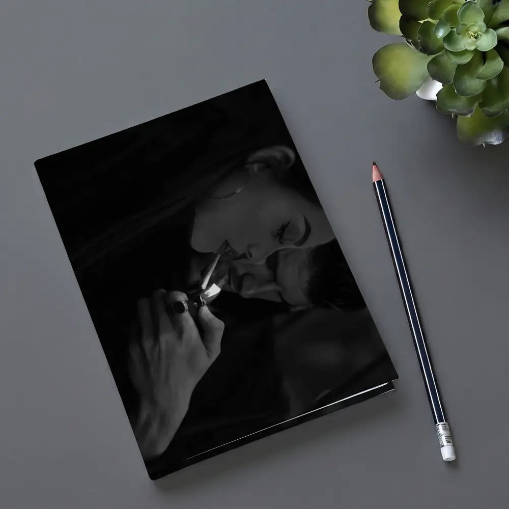 Woman Lighting Cigarette Black White Portrait – Notebooks
