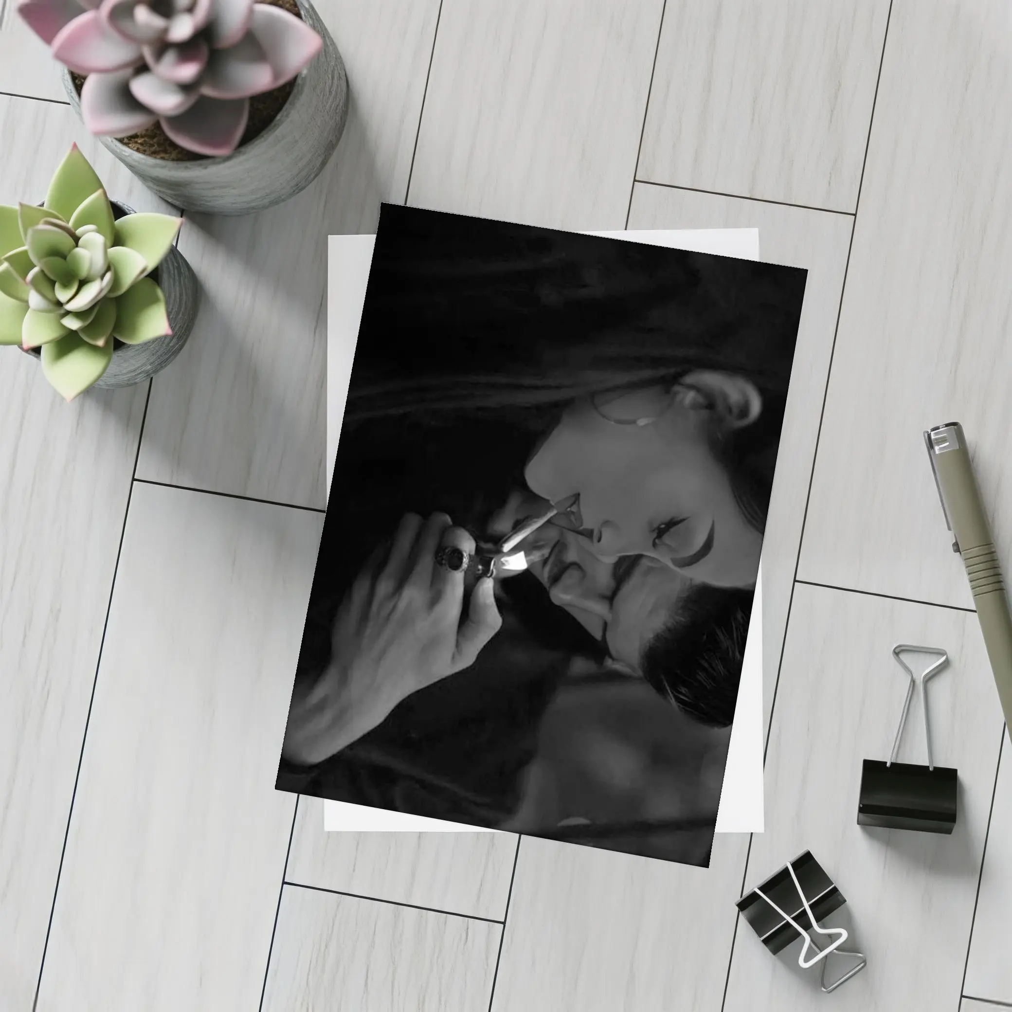 Woman Lighting Cigarette Black White Portrait – Postcards
