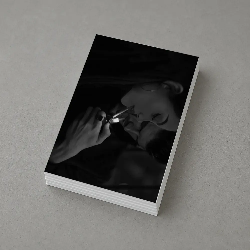 Woman Lighting Cigarette Black White Portrait – Postcards