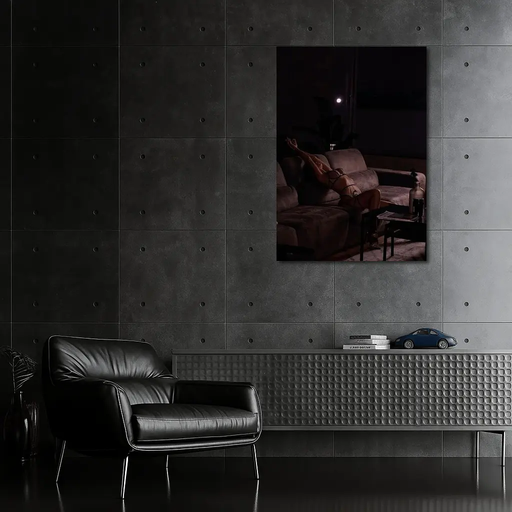 Woman in Lingerie Relaxing on Dark Sofa – Wall Art