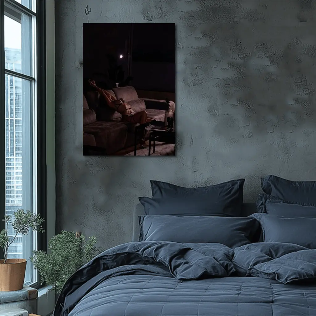 Woman in Lingerie Relaxing on Dark Sofa – Wall Art