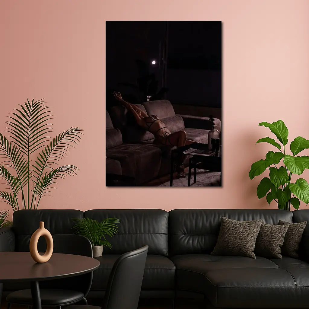 Woman in Lingerie Relaxing on Dark Sofa – Wall Art