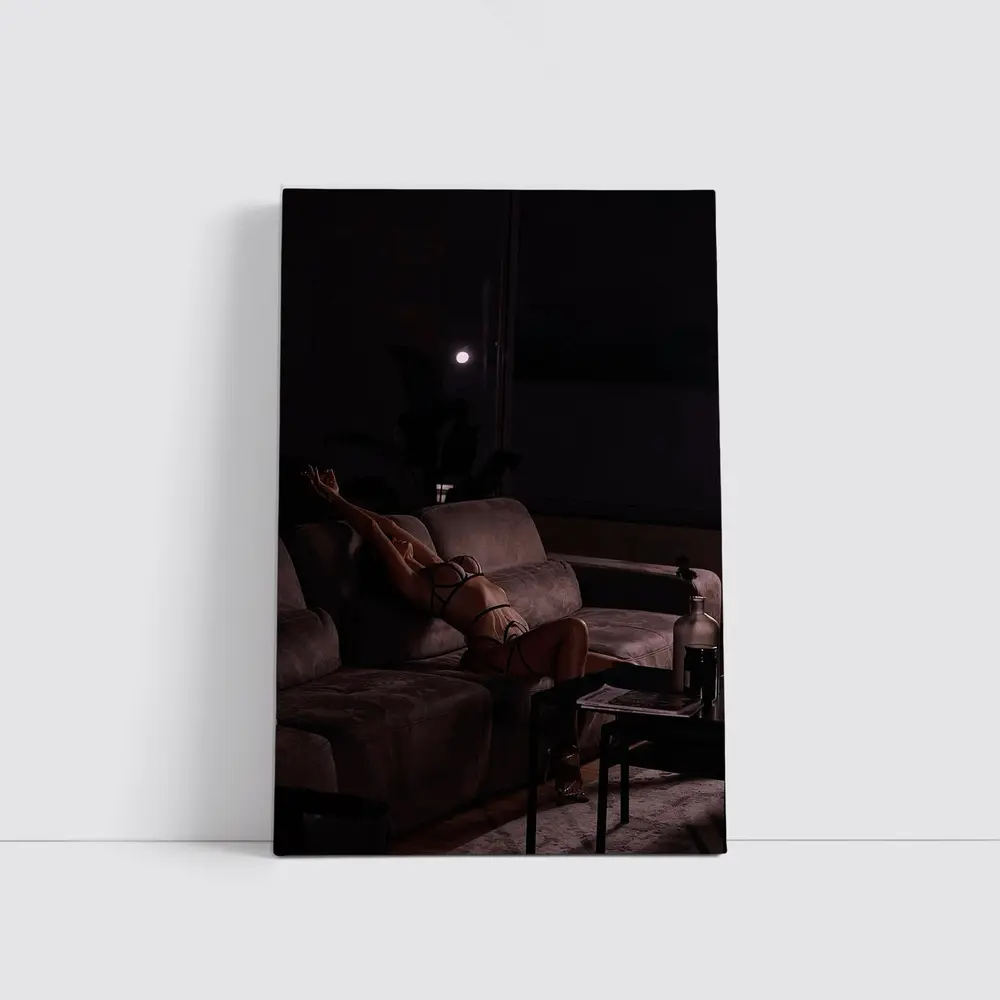Woman in Lingerie Relaxing on Dark Sofa – Wall Art