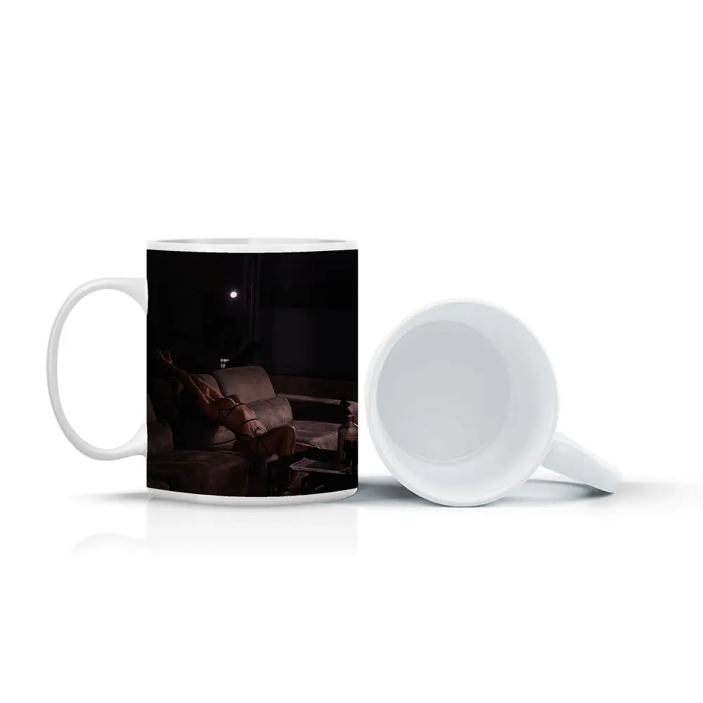 Woman in Lingerie Relaxing on Dark Sofa – Mugs