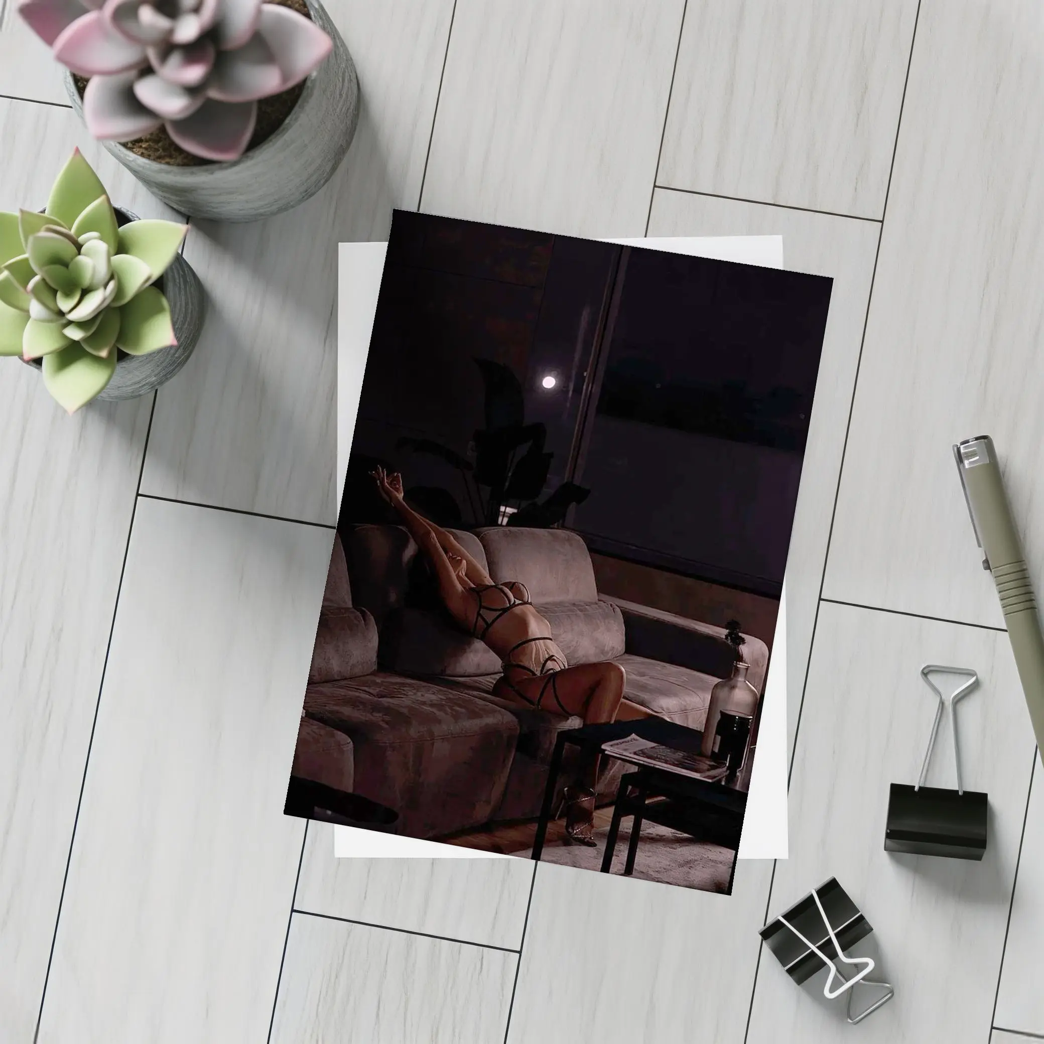 Woman in Lingerie Relaxing on Dark Sofa – Postcards