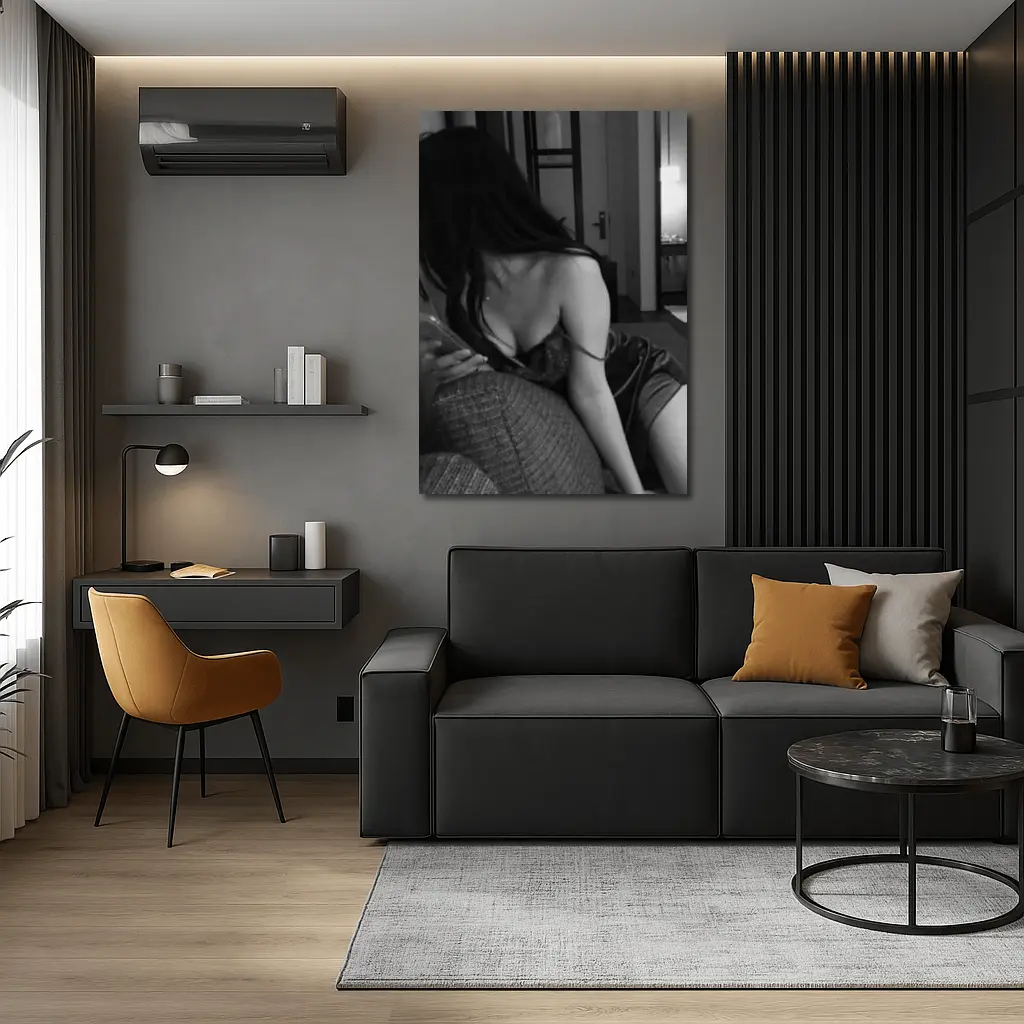 Black and White Woman Hotel Room Photo – Wall Art