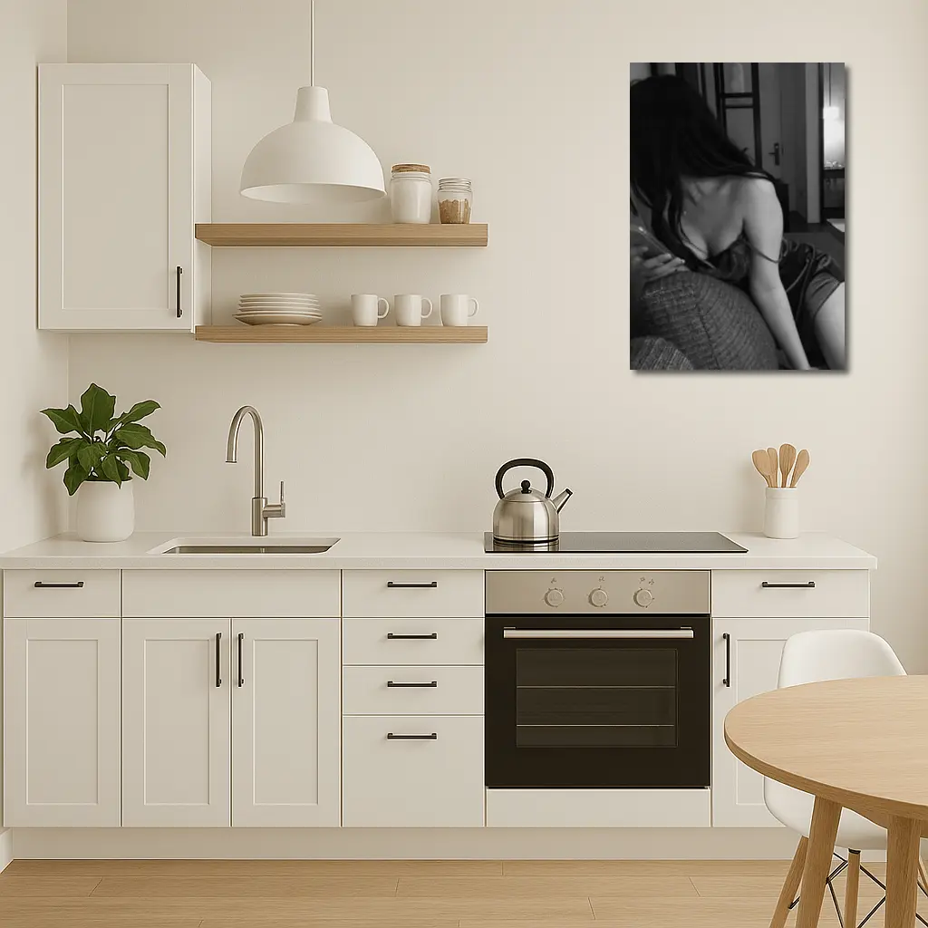 Black and White Woman Hotel Room Photo – Wall Art