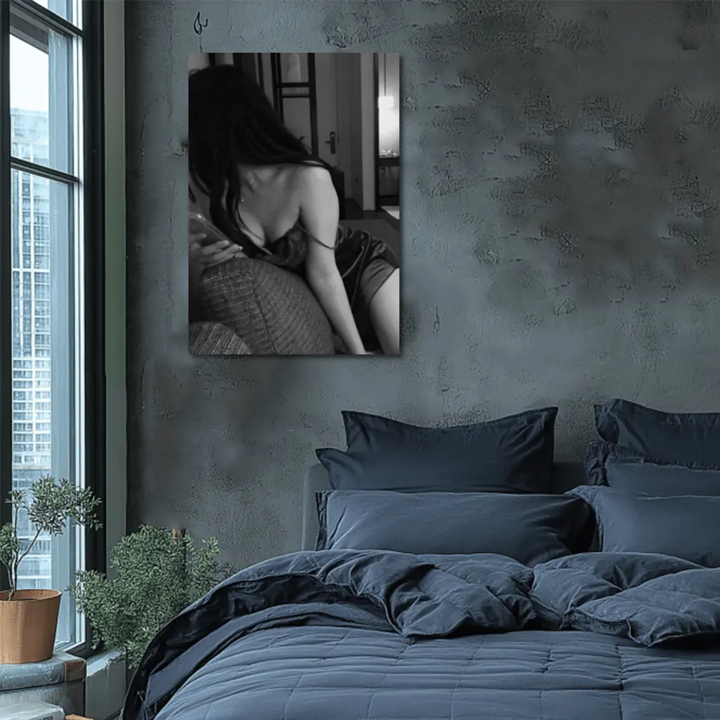 Black and White Woman Hotel Room Photo – Wall Art