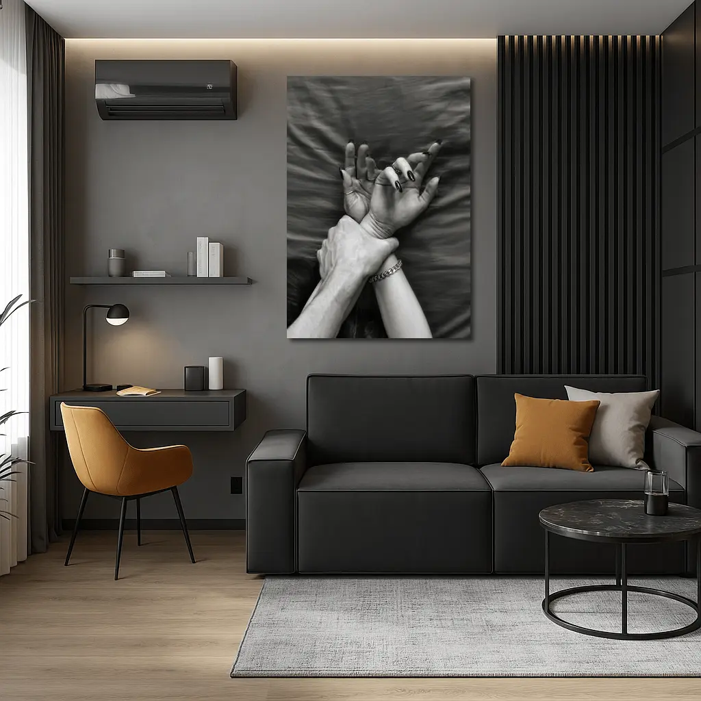 Black and White Hands Grasping Bed Sheet – Wall Art