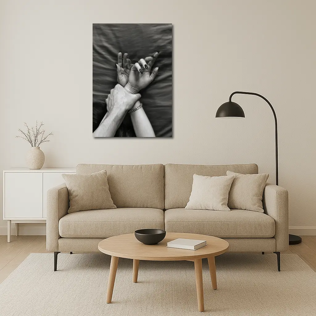 Black and White Hands Grasping Bed Sheet – Wall Art