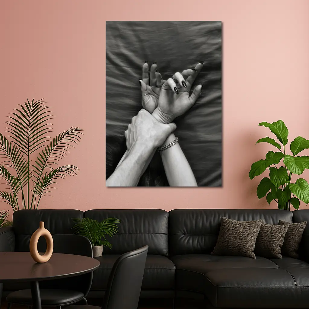 Black and White Hands Grasping Bed Sheet – Wall Art