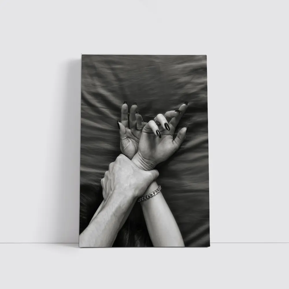 Black and White Hands Grasping Bed Sheet – Wall Art
