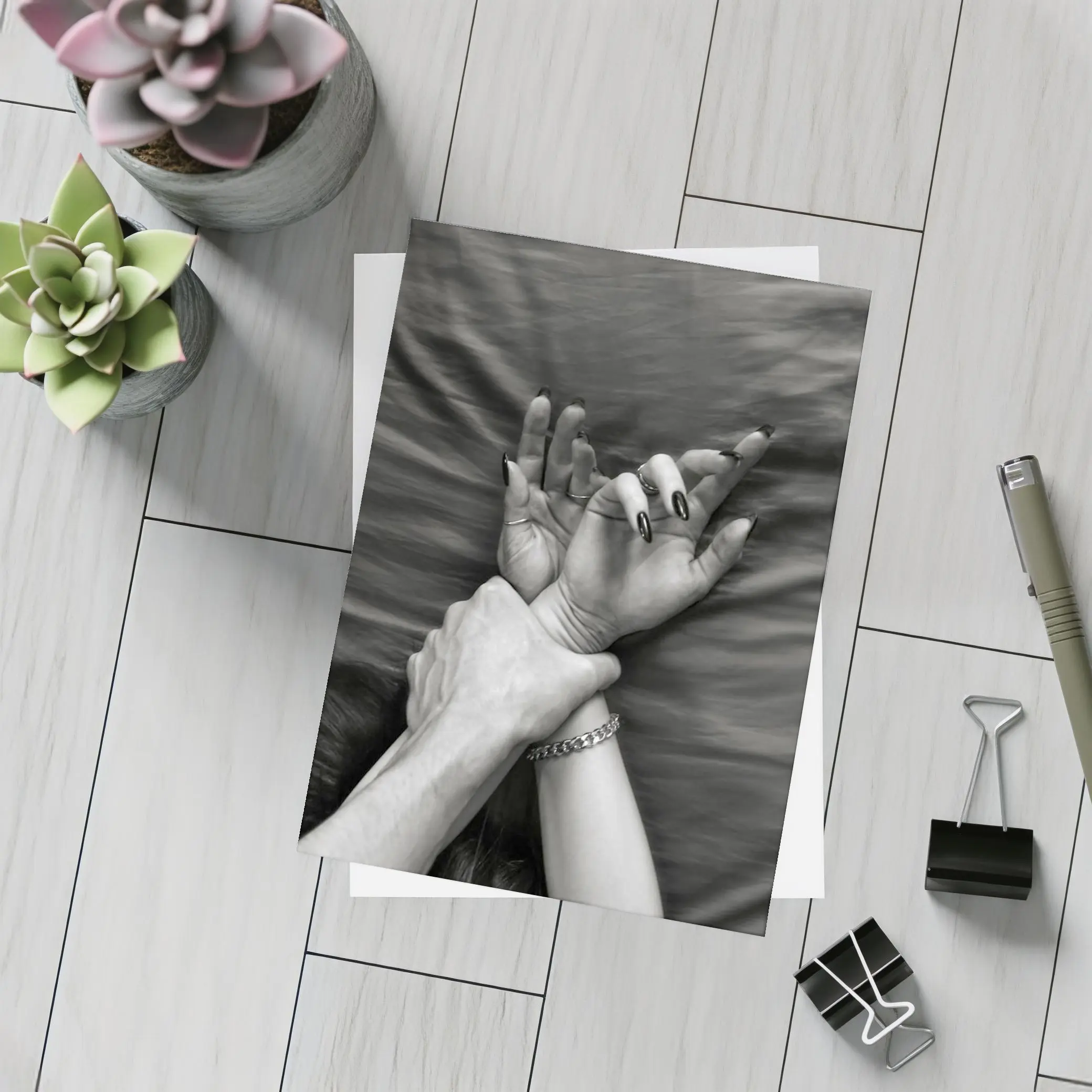 Black and White Hands Grasping Bed Sheet – Postcards