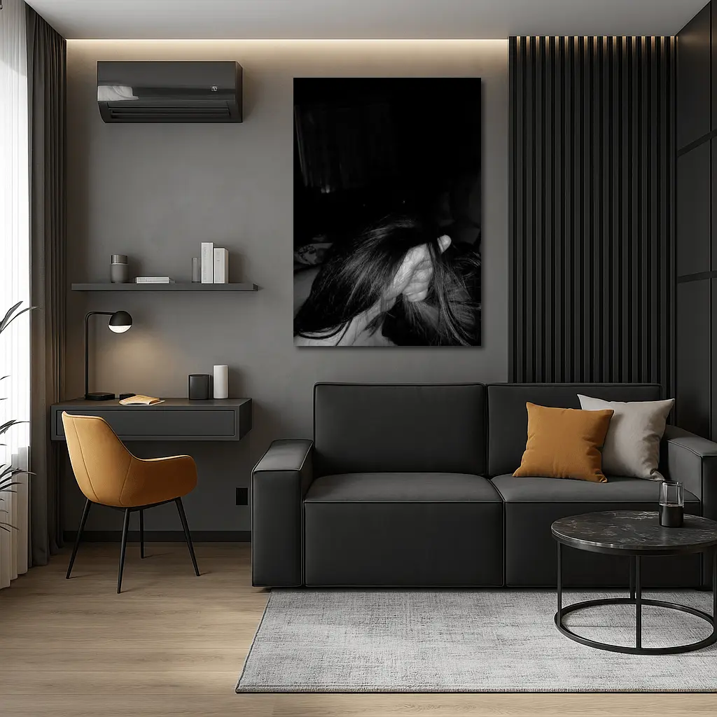 Black and White Woman Hair Dark Room – Wall Art