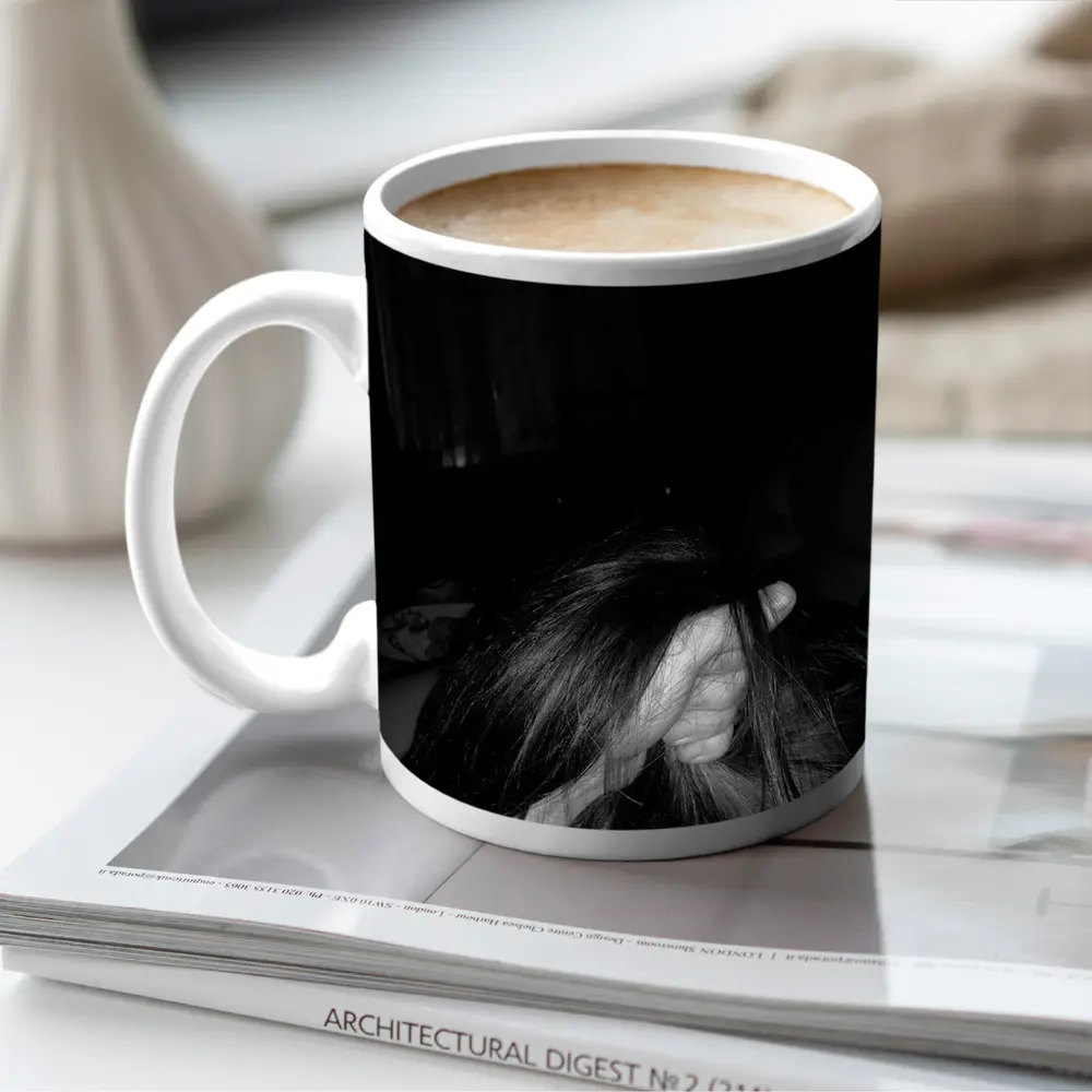 Black and White Woman Hair Dark Room – Mugs