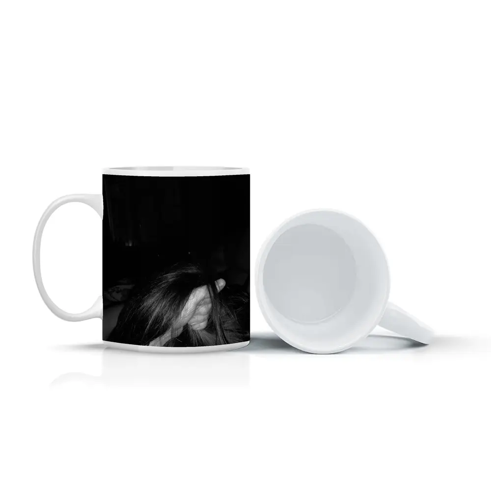 Black and White Woman Hair Dark Room – Mugs