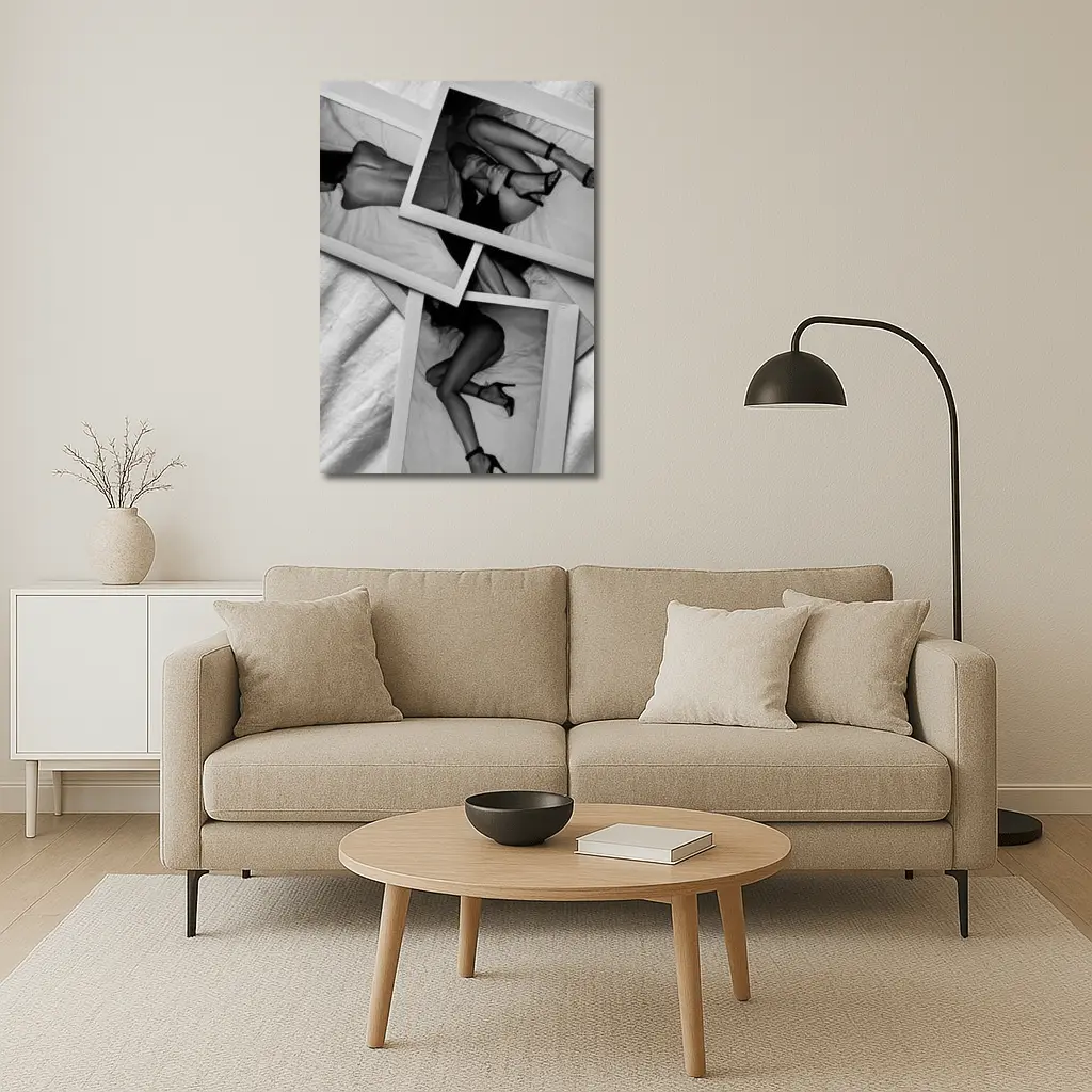 Black and White Polaroid Woman Bedroom Photography – Wall Art