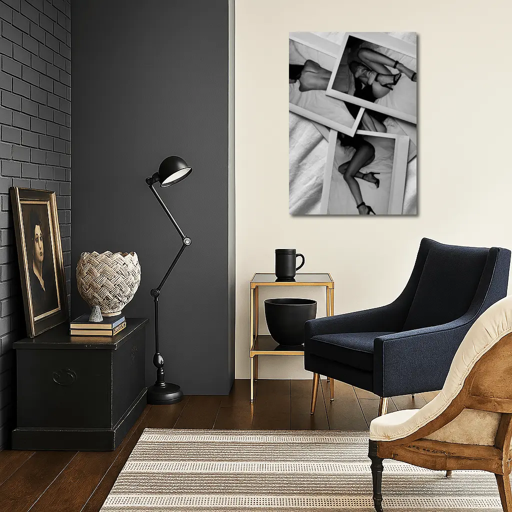 Black and White Polaroid Woman Bedroom Photography – Wall Art