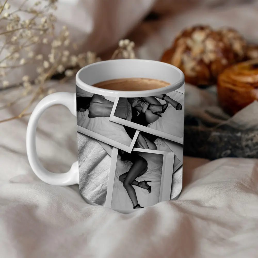 Black and White Polaroid Woman Bedroom Photography – Mugs