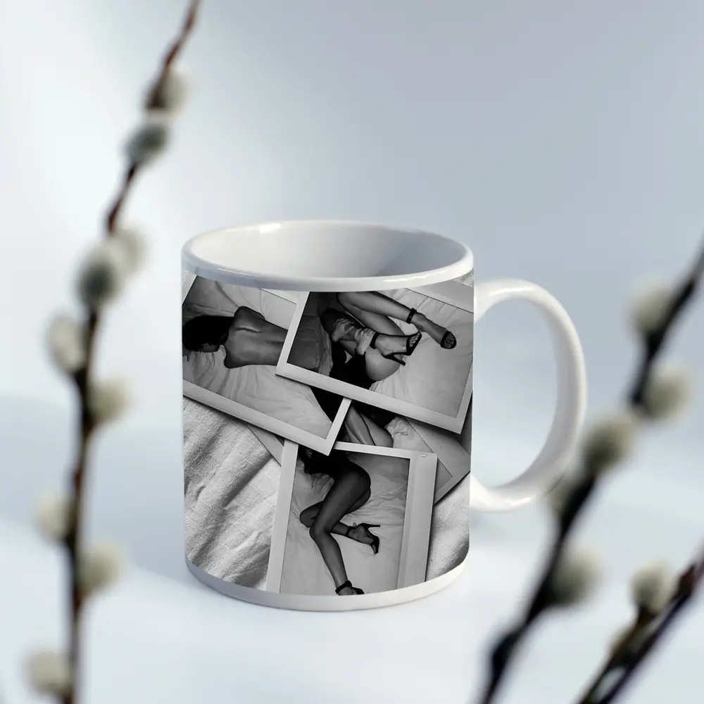 Black and White Polaroid Woman Bedroom Photography – Mugs