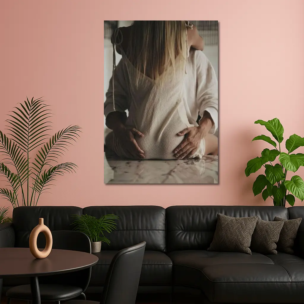 Pregnant Woman Couple Embrace Marble Table – Wall Art