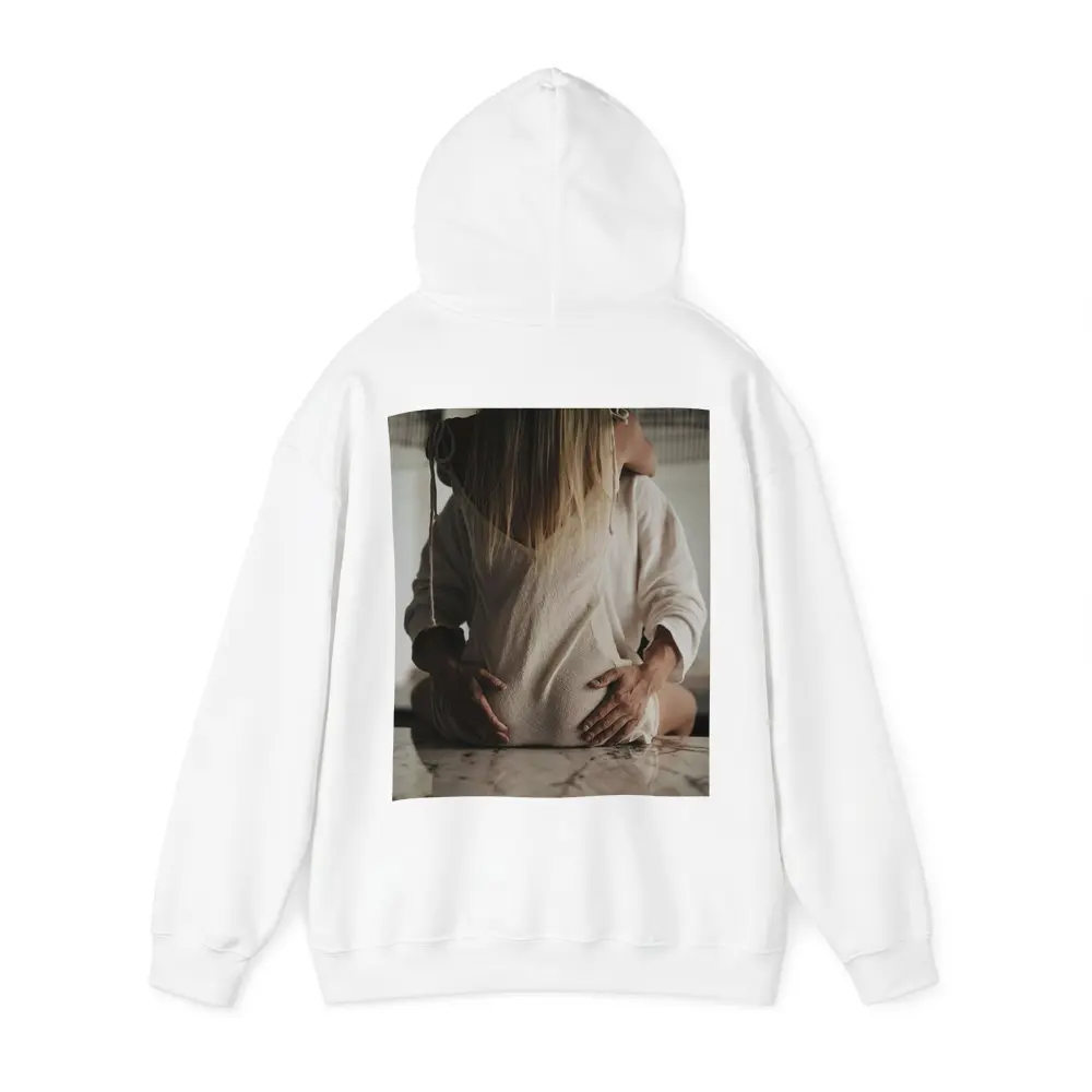 Pregnant Woman Couple Embrace Marble Table – Hoodies