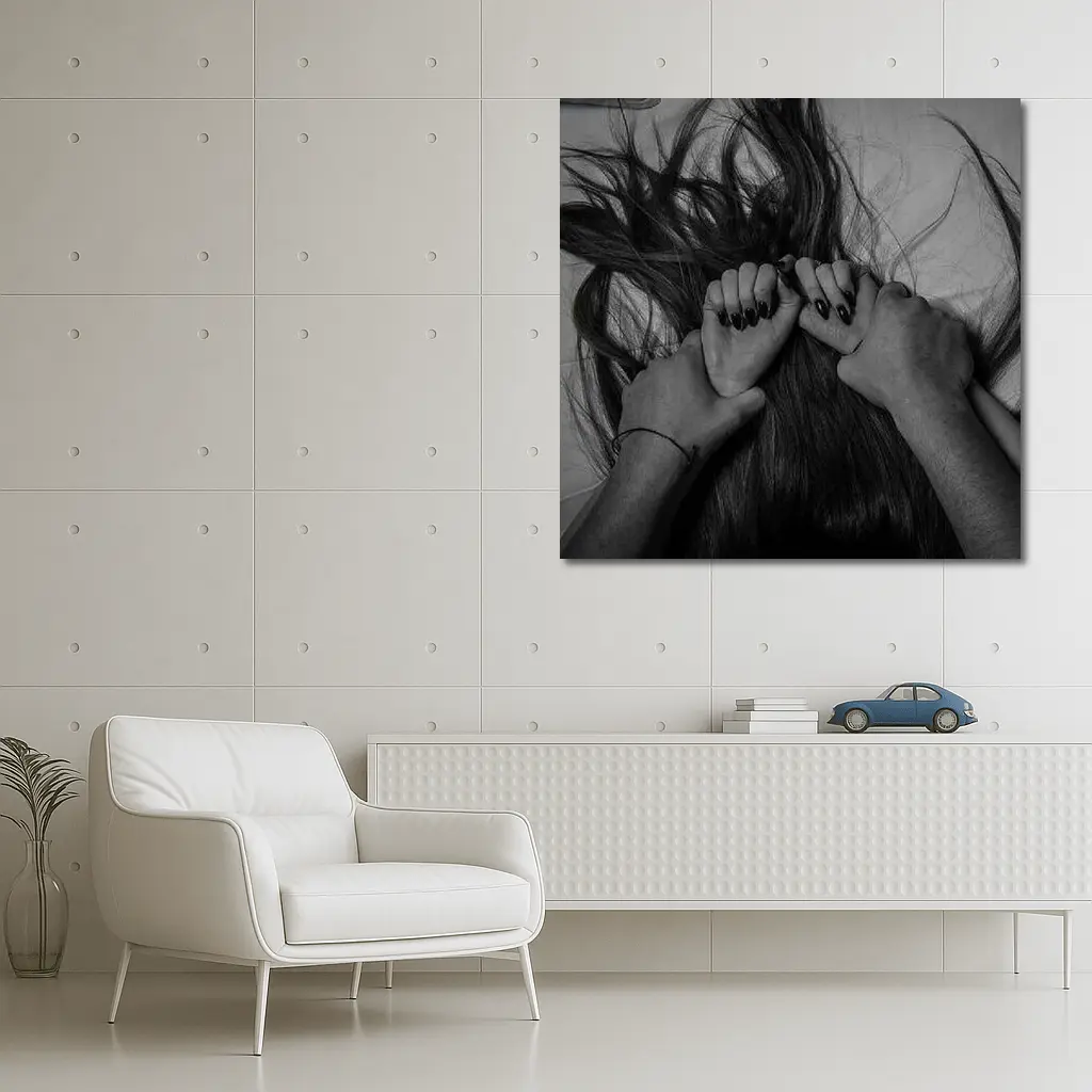 Black and White Hands Grasping Dark Hair – Wall Art