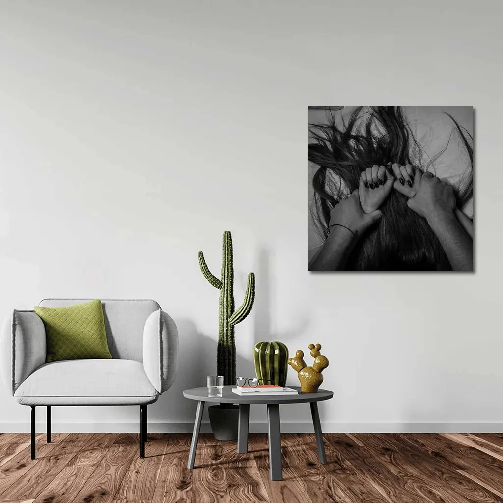 Black and White Hands Grasping Dark Hair – Wall Art