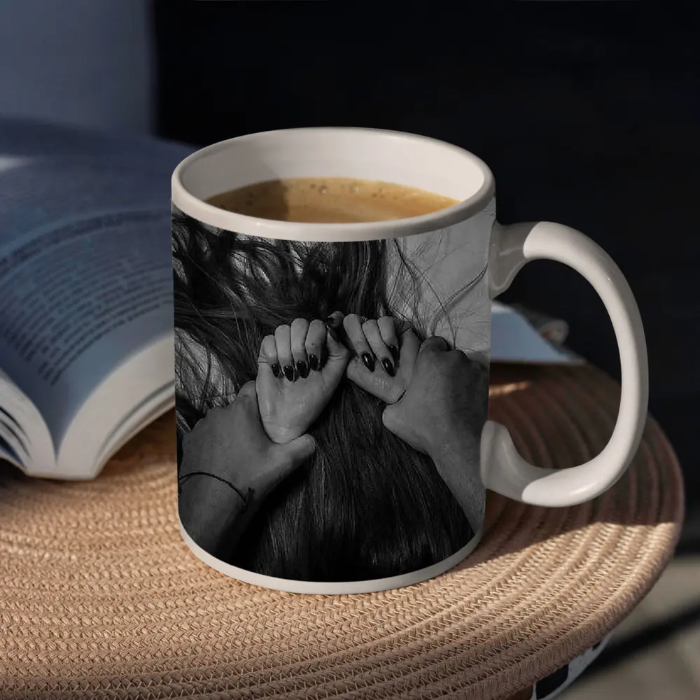 Black and White Hands Grasping Dark Hair – Mugs