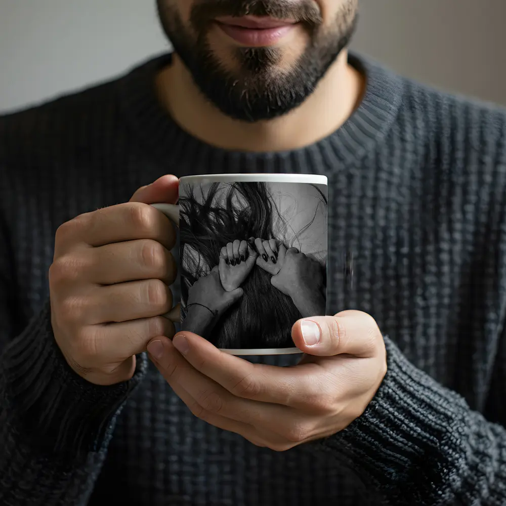 Black and White Hands Grasping Dark Hair – Mugs