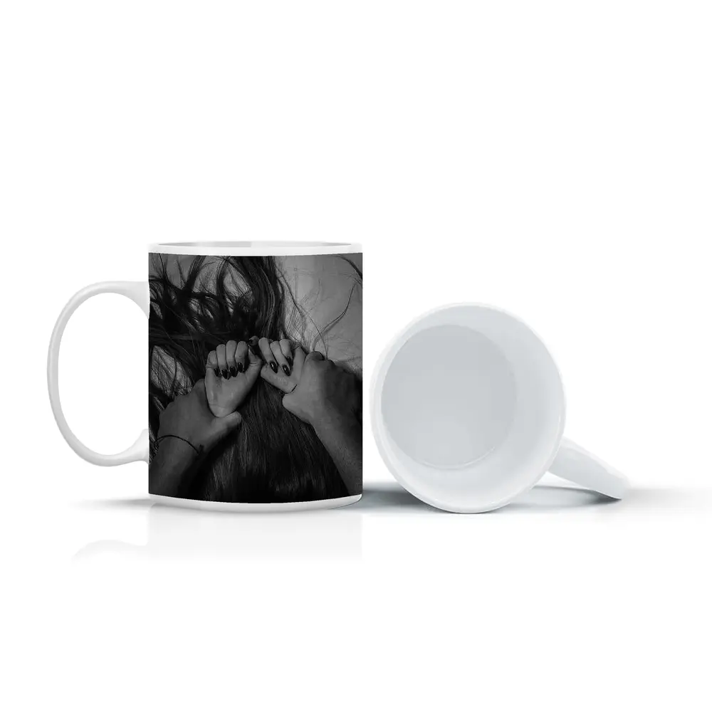 Black and White Hands Grasping Dark Hair – Mugs
